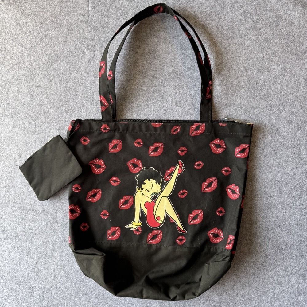Betty Boop Tote Bag Black Red Lips Canvas Zip Top Shoulder Bag